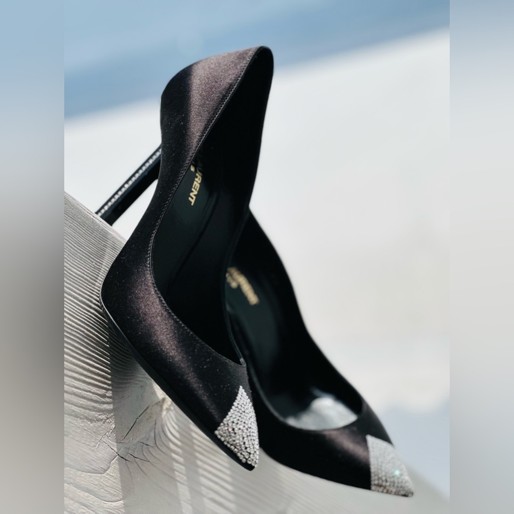 Saint Laurent Black Satin & Crystals Heels - Picture 1 of 9